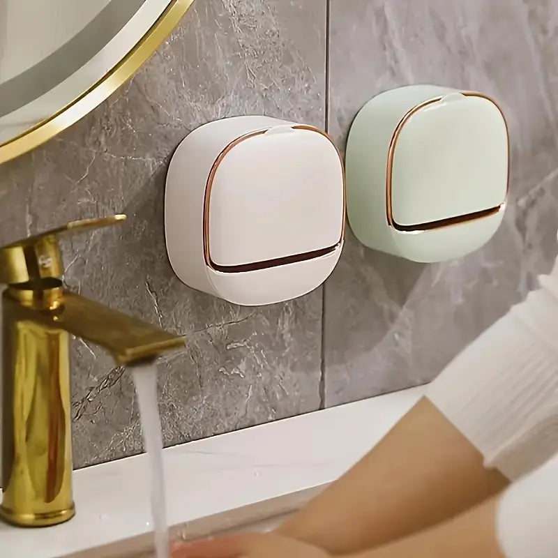 Self-Adhesive Wall-Mounted Luxury Soap Holder with Lid and Drainage Tray | Milky & Light Green