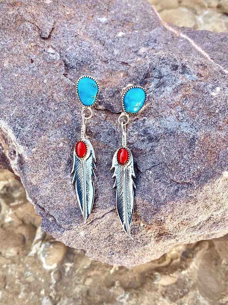 Feather Turquoise European And American Popular Imitation Thai Silver Earrings