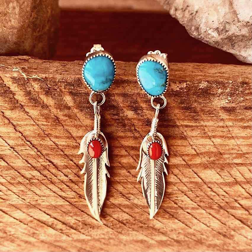 Feather Turquoise European And American Popular Imitation Thai Silver Earrings