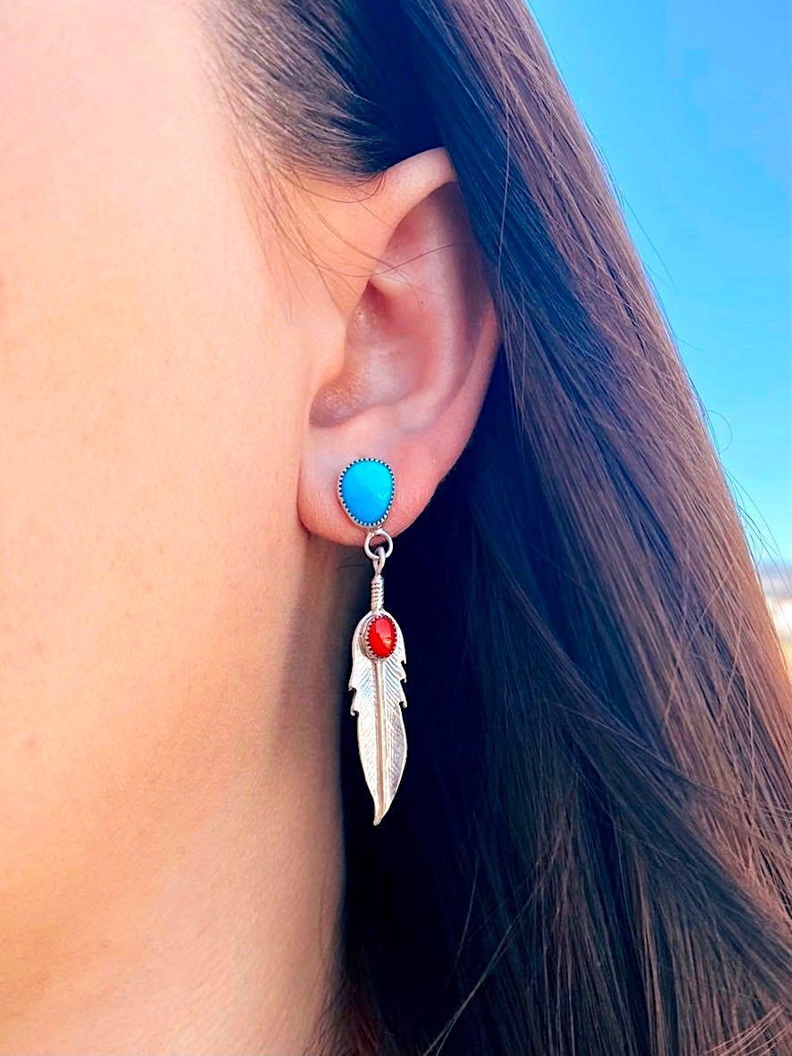 Feather Turquoise European And American Popular Imitation Thai Silver Earrings