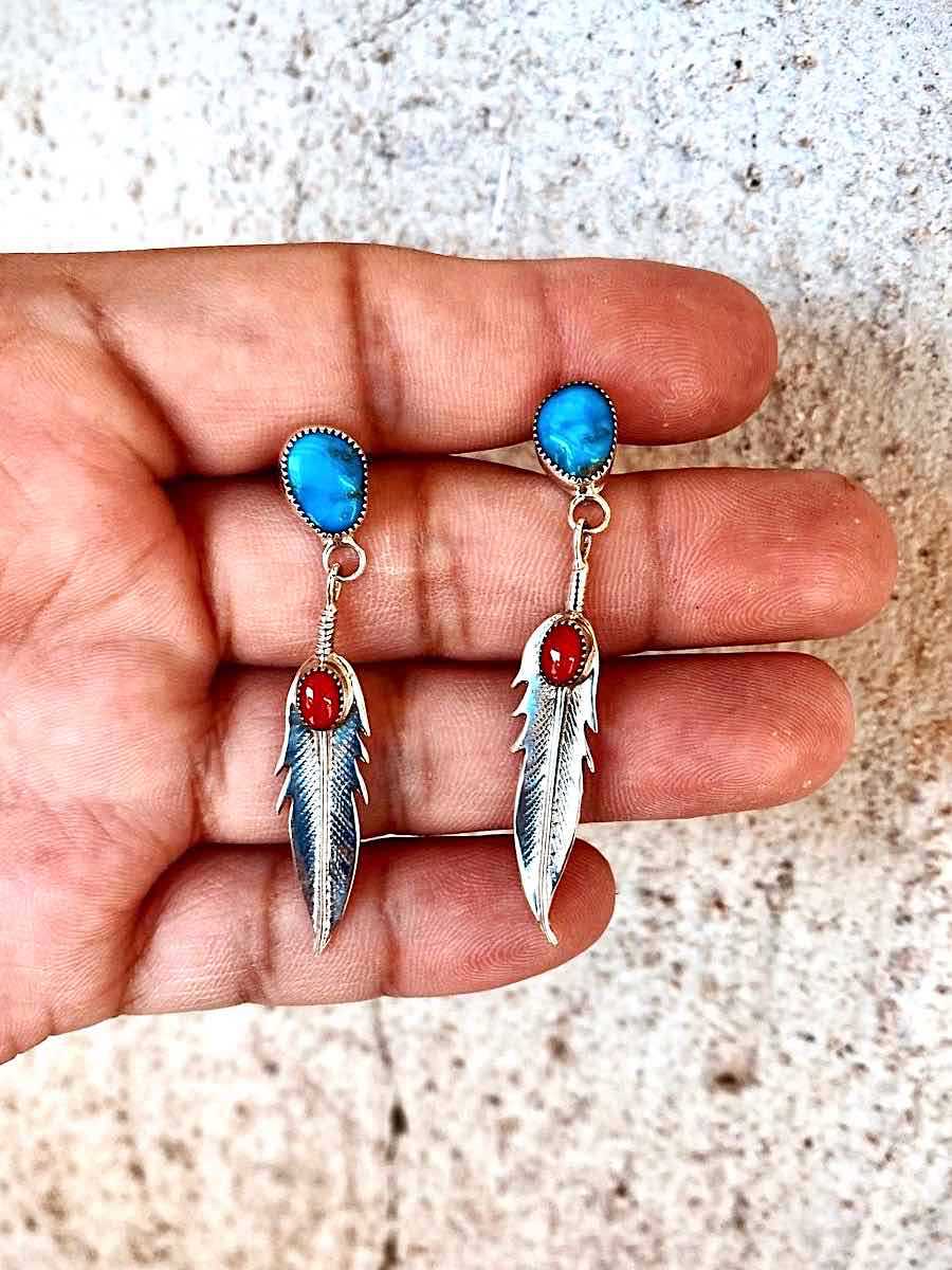 Feather Turquoise European And American Popular Imitation Thai Silver Earrings
