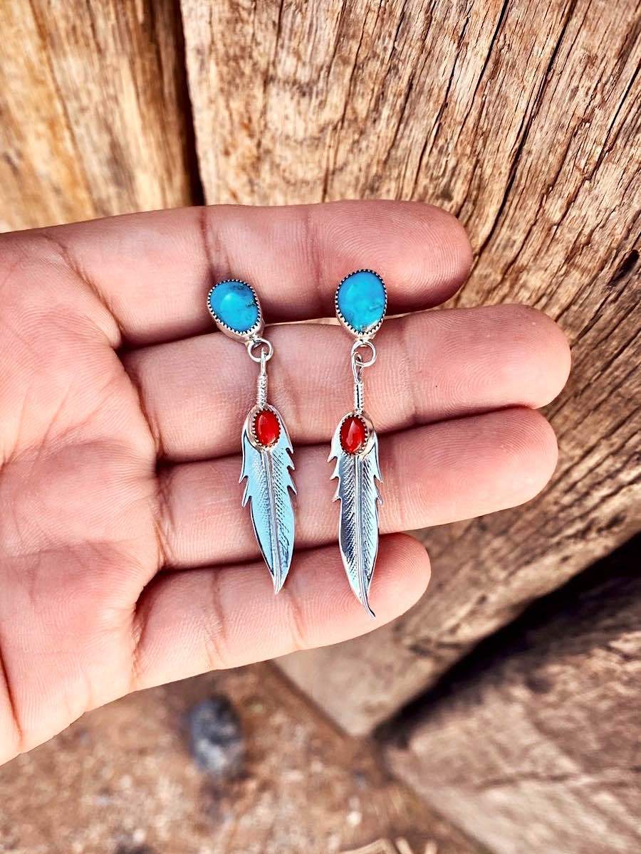 Feather Turquoise European And American Popular Imitation Thai Silver Earrings