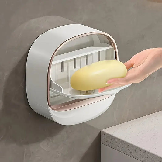 Self-Adhesive Wall-Mounted Luxury Soap Holder with Lid and Drainage Tray | Milky & Light Green