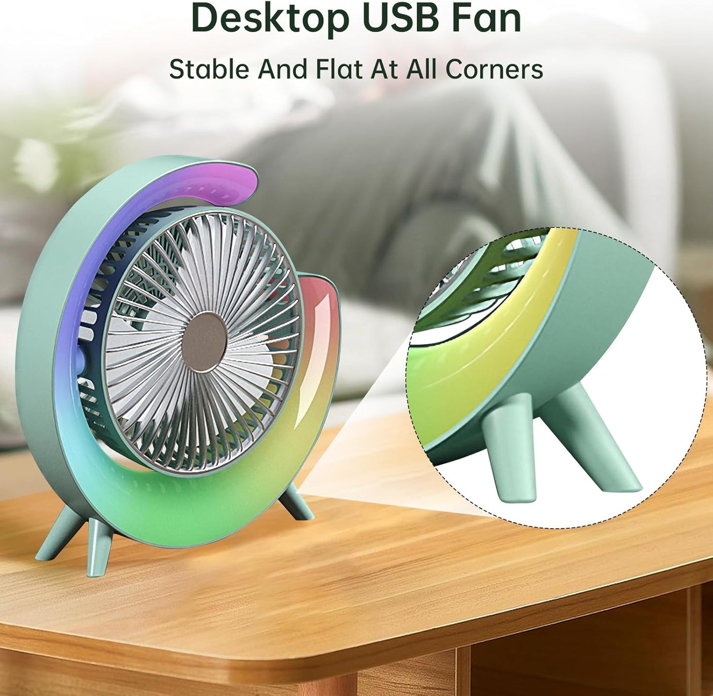 Colorful USB Rechargeable Desktop Fan | Silent Cooling, LED Ambient Light, 3-Speed Rotation