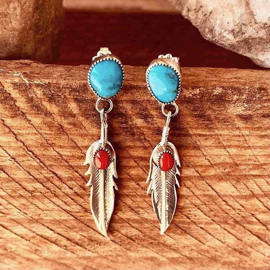Feather Turquoise European And American Popular Imitation Thai Silver Earrings