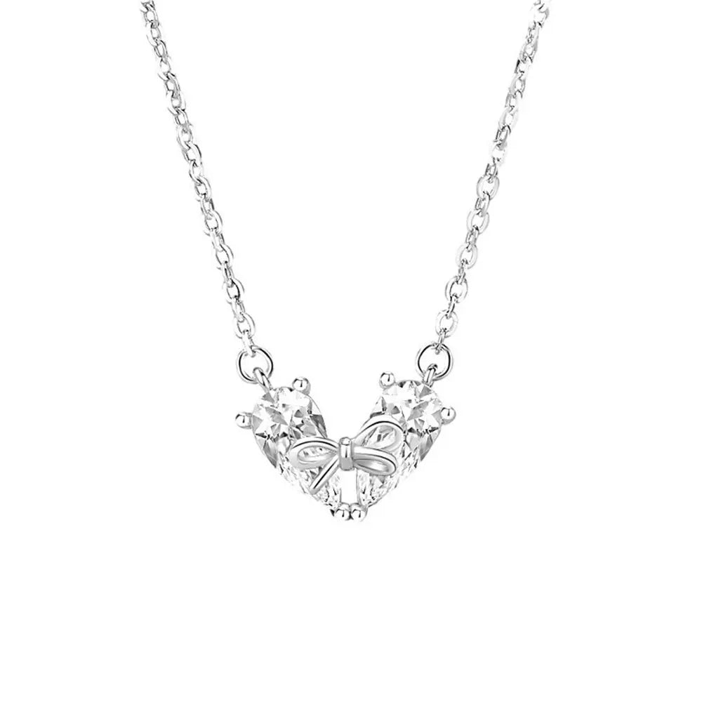925 Sterling Silver Heart Shaped Bow Zirconia Pendant Necklace for Women Cute Choker Style. Elegant Jewelry Accessory.