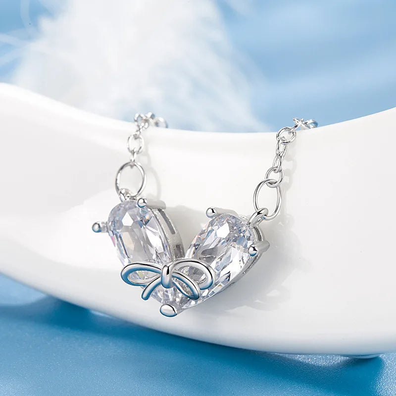 925 Sterling Silver Heart Shaped Bow Zirconia Pendant Necklace for Women Cute Choker Style. Elegant Jewelry Accessory.