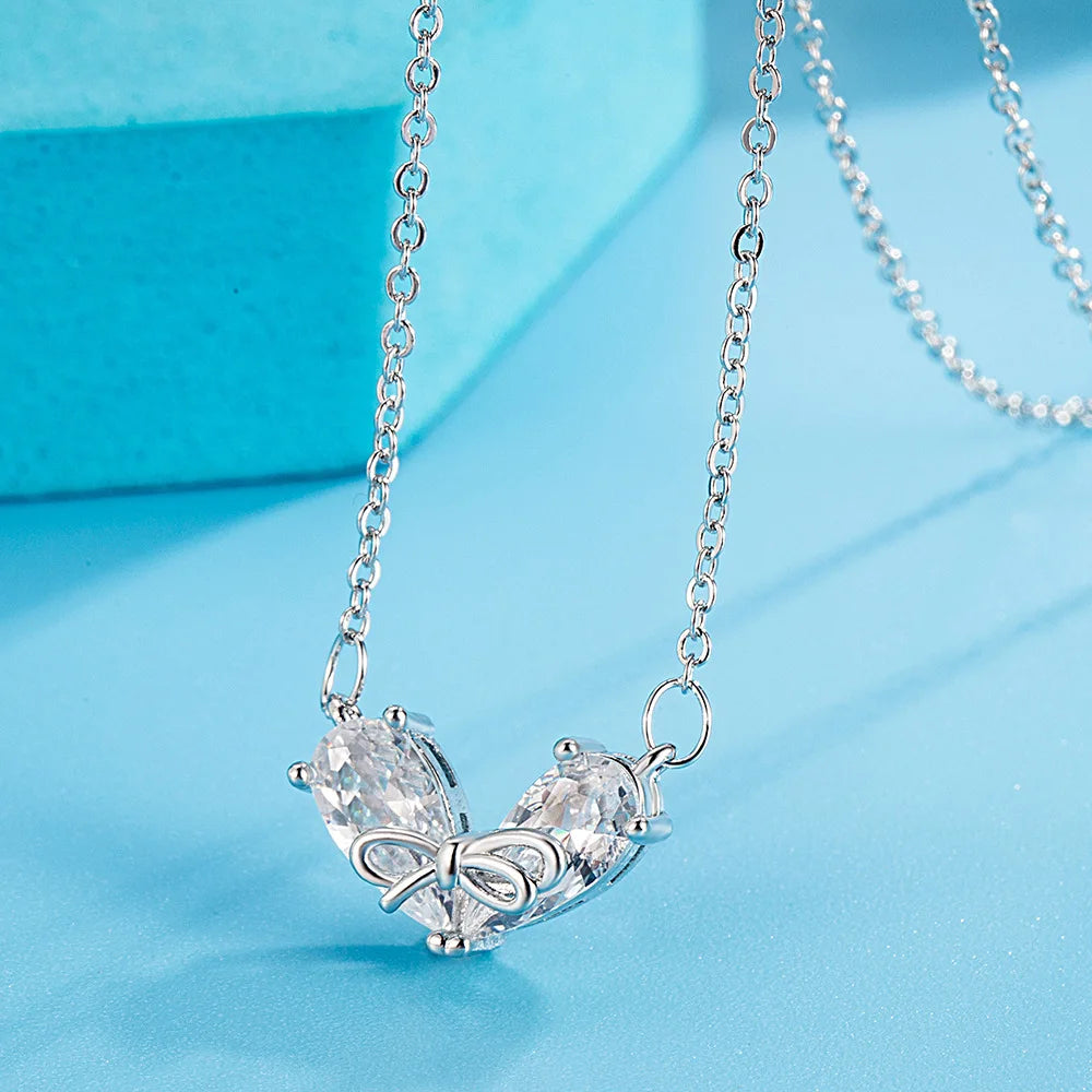 925 Sterling Silver Heart Shaped Bow Zirconia Pendant Necklace for Women Cute Choker Style. Elegant Jewelry Accessory.