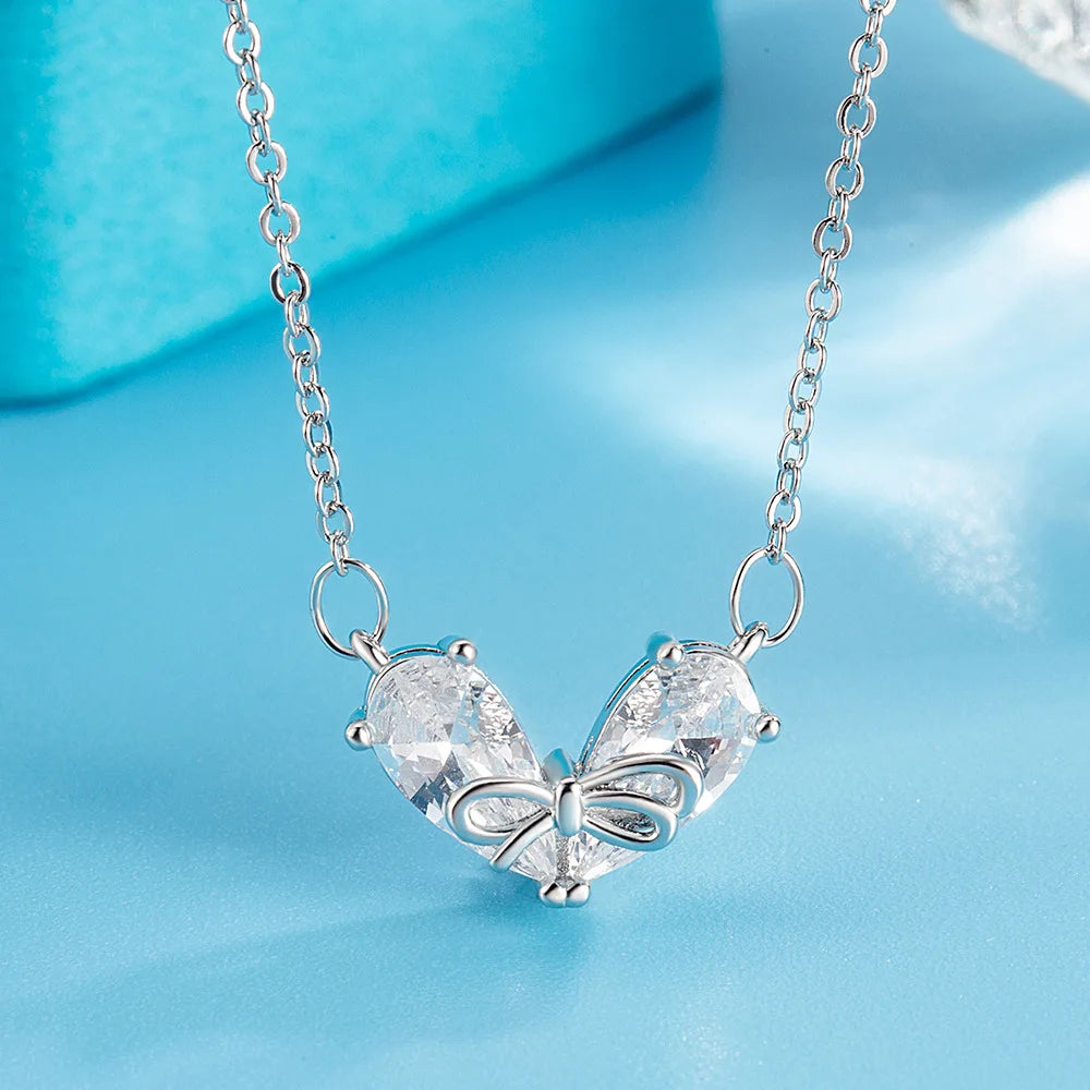 925 Sterling Silver Heart Shaped Bow Zirconia Pendant Necklace for Women Cute Choker Style. Elegant Jewelry Accessory.
