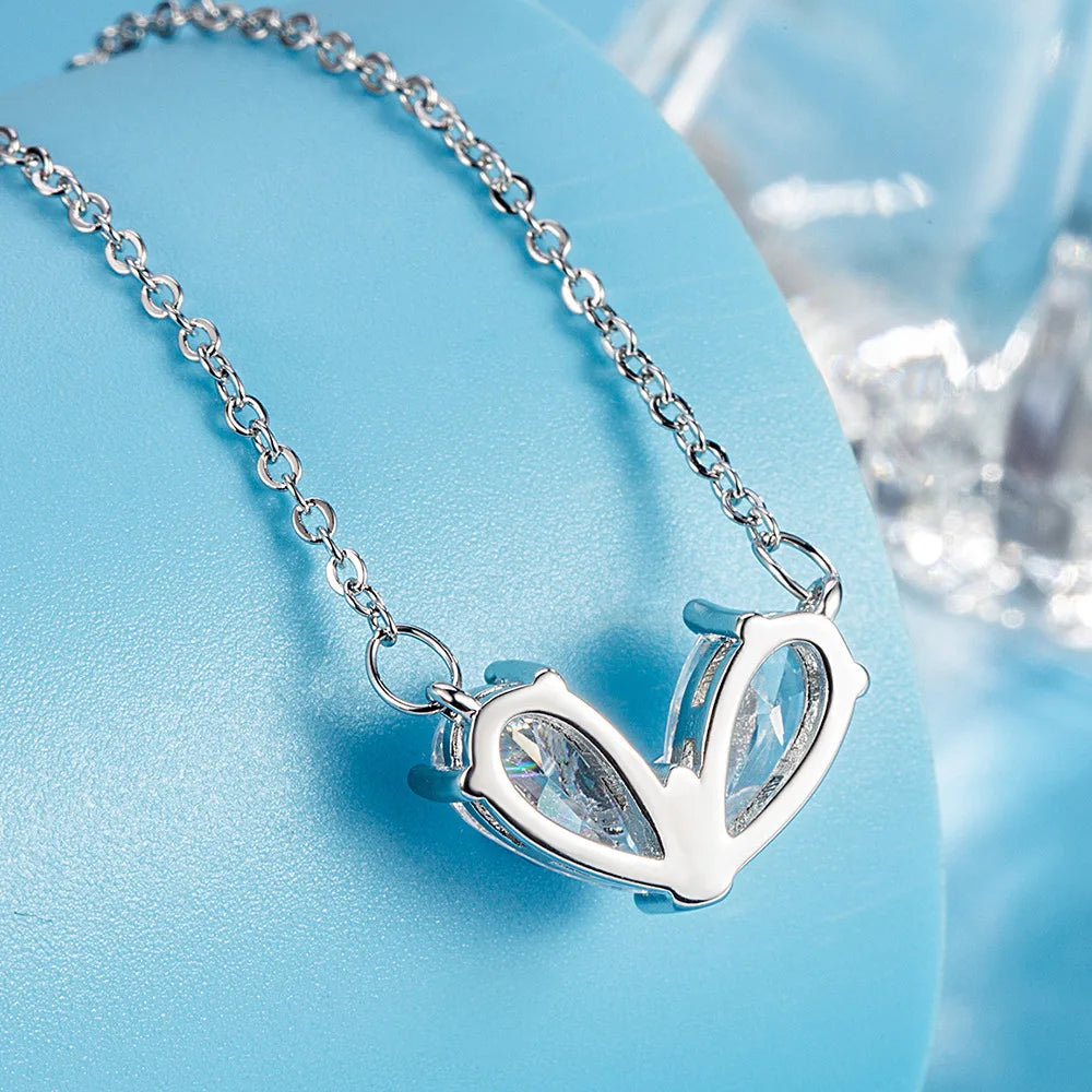 925 Sterling Silver Heart Shaped Bow Zirconia Pendant Necklace for Women Cute Choker Style. Elegant Jewelry Accessory.