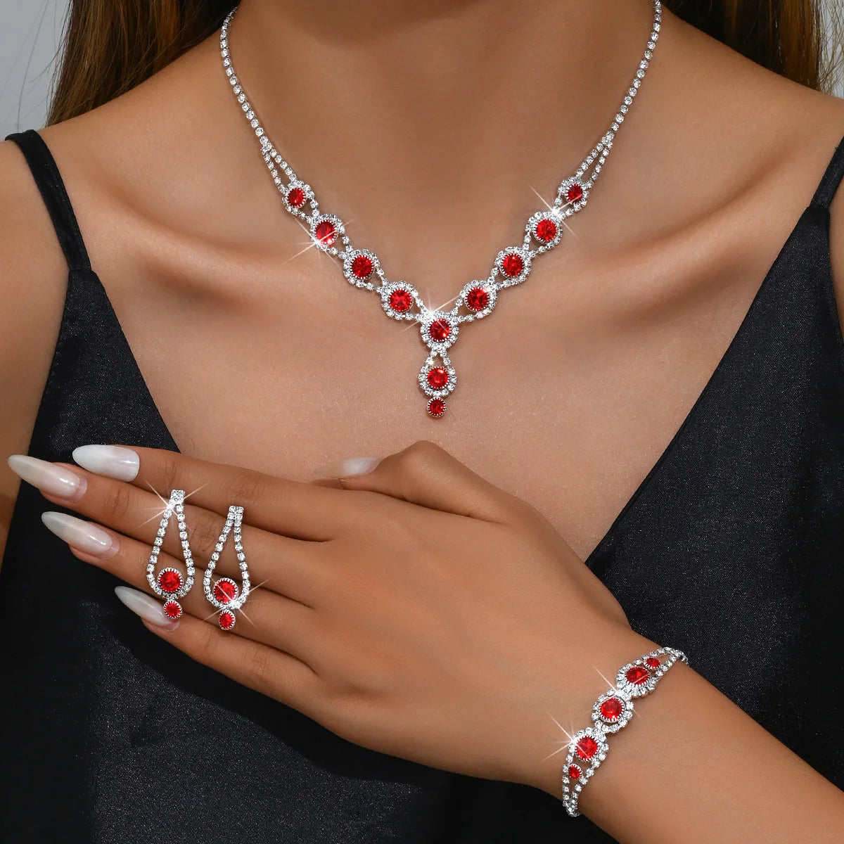4PCS Fashion Elegant Crystal Jewelry Sets for Women Rhinestones Necklace Ring Earrings Bridal Wedding Party Jewelry Sets