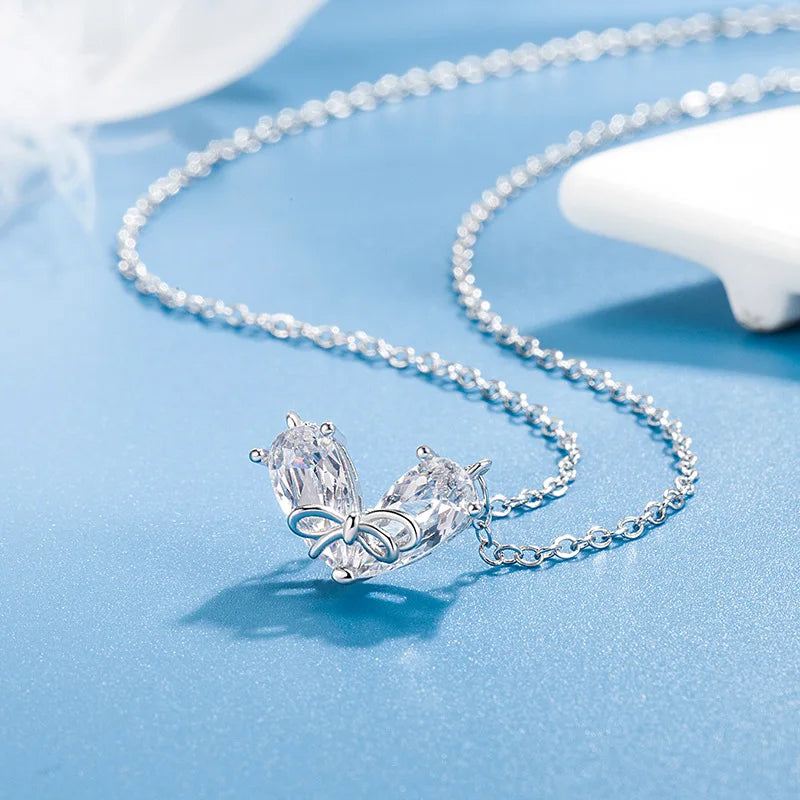 925 Sterling Silver Heart Shaped Bow Zirconia Pendant Necklace for Women Cute Choker Style. Elegant Jewelry Accessory.