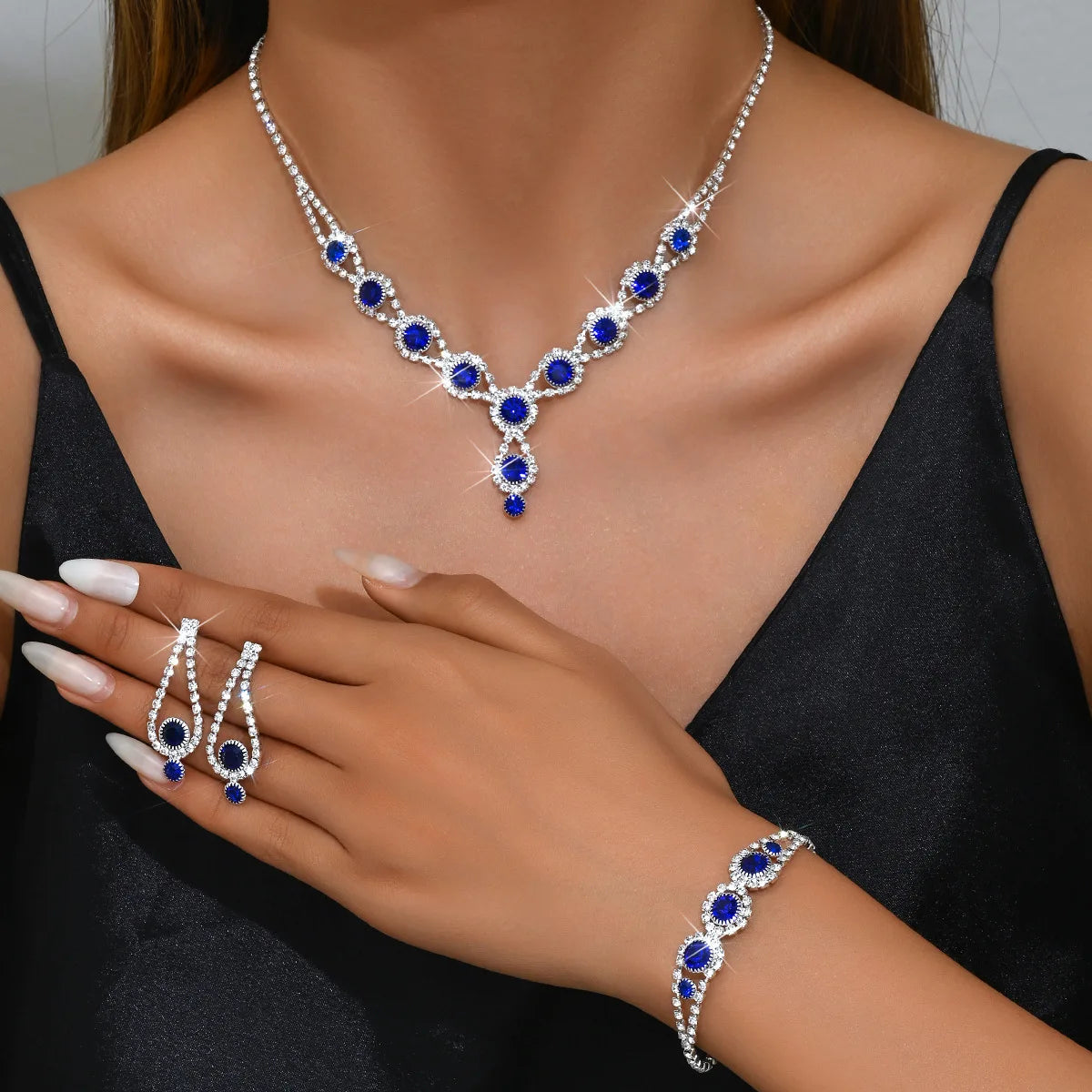 4PCS Fashion Elegant Crystal Jewelry Sets for Women Rhinestones Necklace Ring Earrings Bridal Wedding Party Jewelry Sets