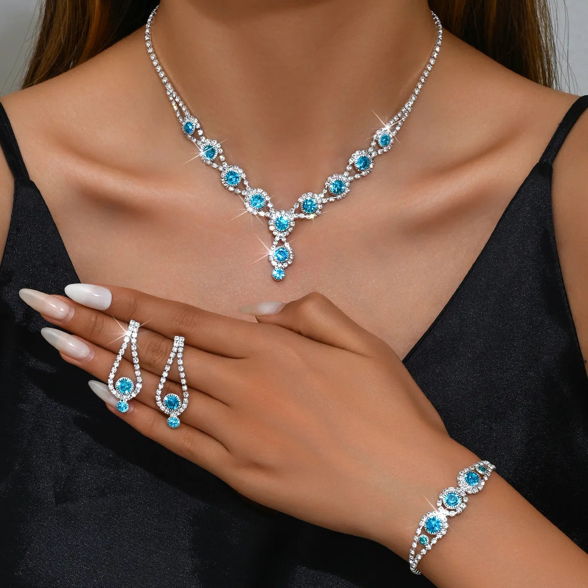 4PCS Fashion Elegant Crystal Jewelry Sets for Women Rhinestones Necklace Ring Earrings Bridal Wedding Party Jewelry Sets