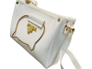 White Elegant Cat Handle Handbag for Girls & Ladies | Stylish Shoulder & Crossbody Bag with Gold Accents | Adjustable Strap