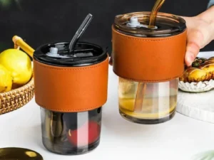 Bamboo Joint Glass Cup with Lid & Straw | 13oz Can-Shaped Tumbler with Leather Sleeve