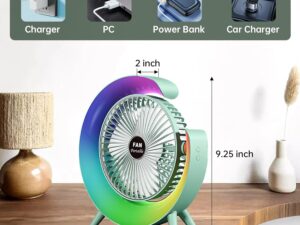 Colorful USB Rechargeable Desktop Fan | Silent Cooling, LED Ambient Light, 3-Speed Rotation