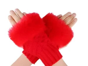 Women’s Faux Fur Fingerless Knitted Gloves | Warm Winter Hand Wrist Warmers | Soft, Stylish & Comfortable | Red