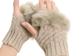 Women’s Faux Fur Fingerless Knitted Gloves | Warm Winter Hand Wrist Warmers | Soft, Stylish & Comfortable | Beige