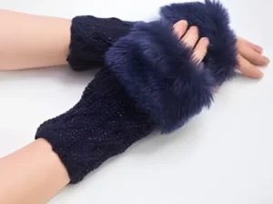 Women’s Faux Fur Fingerless Knitted Gloves | Warm Winter Hand Wrist Warmers | Soft, Stylish & Comfortable | Blue