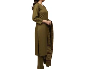Winter Sussi Silk 3-Piece Suit for Women | Unstitched Plain Shirt & Trouser | Heavy Winter Sussi Shawl |  Olive Green