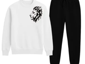 LION Printed White Tracksuit Sweatshirt & Trouser  | Warm & Comfortable Winter Wear | Large