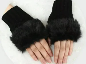 Women’s Faux Fur Fingerless Knitted Gloves | Warm Winter Hand Wrist Warmers | Soft, Stylish & Comfortable | Black
