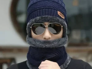 Winter Wool Cap with Neck Warmer Set | Thermal Beanie & Scarf Combo for Men and Women | Blue And Gray