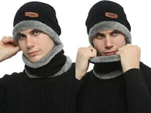 Winter Wool Cap with Neck Warmer Set | Thermal Beanie & Scarf Combo for Men and Women | Black And Gray