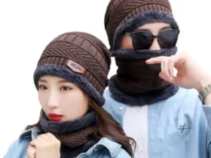 Winter Wool Cap with Neck Warmer Set | Thermal Beanie & Scarf Combo for Men and Women | Brown And Gray
