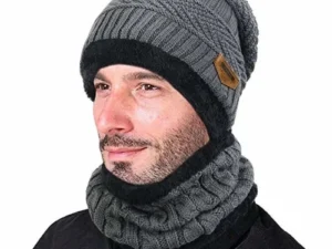 Winter Wool Cap with Neck Warmer Set | Thermal Beanie & Scarf Combo for Men and Women |  Gray