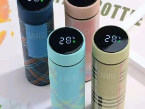 LED Temperature Display Water Bottle | Checkered Design  | Smart Stainless Steel Vacuum 500ml Flask | Random Color