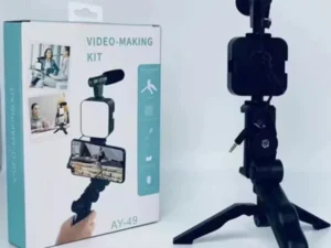 AY-49 Video Making Kit | All-in-One Vlogging Tripod with Wireless Remote, Microphone, LED Light & Mobile Holder